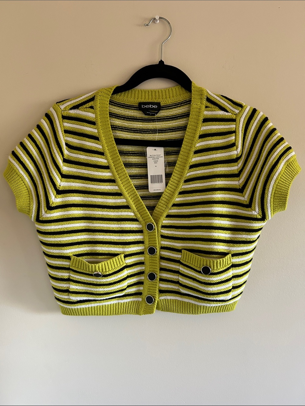 bebe y2k Lime Green Black White Striped Short Sleeve Button Cardigan, size M